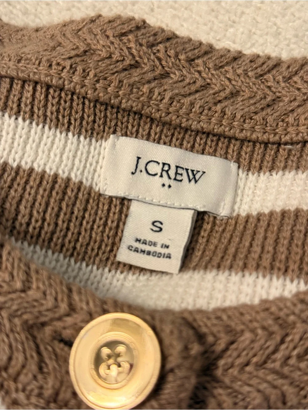 J.Crew Striped Cardigan Sz S Brown Cream Gold Buttons Preppy Coastal Grandmother